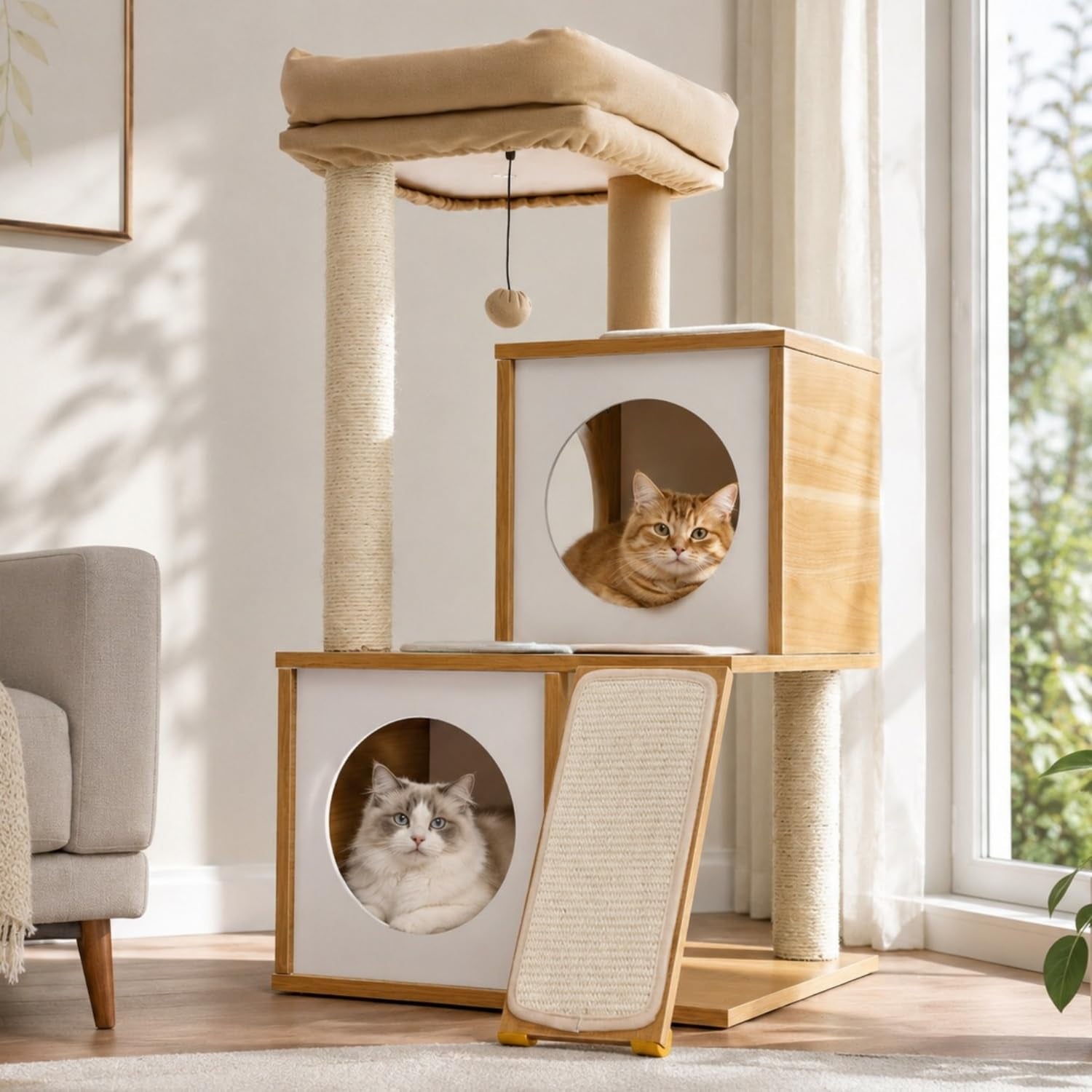 35" Modern Cat Tower Dual Condos, Wooden Cat Tree Large Cats | Modern Cat Tree with Sleek Wood, Large Scratcher Ramp and Sisal Posts for Indoor Cats,Heavy Duty Base for Large Cats