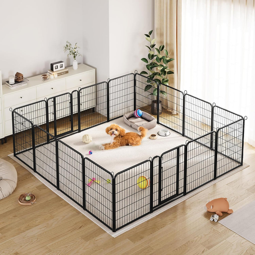 Yaheetech Dog Playpen 32In 16 Panels Pet Fence for Indoor Yard RV Camping | Easy Setup, Heavy Duty Rustproof Frame with Secure Latch Door, DIY Layouts,Foldable Storage, for Small & Medium Dogs