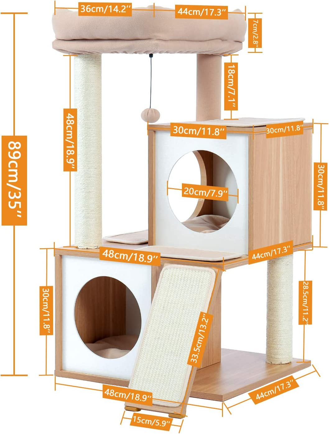 35" Modern Cat Tower Dual Condos, Wooden Cat Tree Large Cats | Modern Cat Tree with Sleek Wood, Large Scratcher Ramp and Sisal Posts for Indoor Cats,Heavy Duty Base for Large Cats