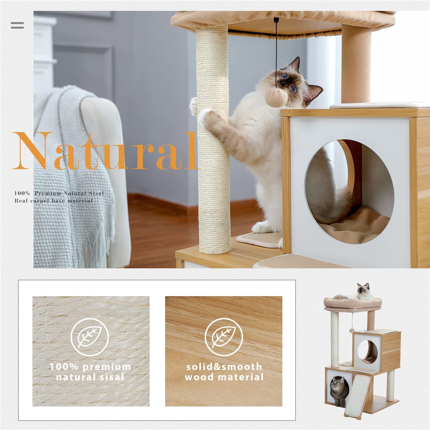 35" Modern Cat Tower Dual Condos, Wooden Cat Tree Large Cats | Modern Cat Tree with Sleek Wood, Large Scratcher Ramp and Sisal Posts for Indoor Cats,Heavy Duty Base for Large Cats