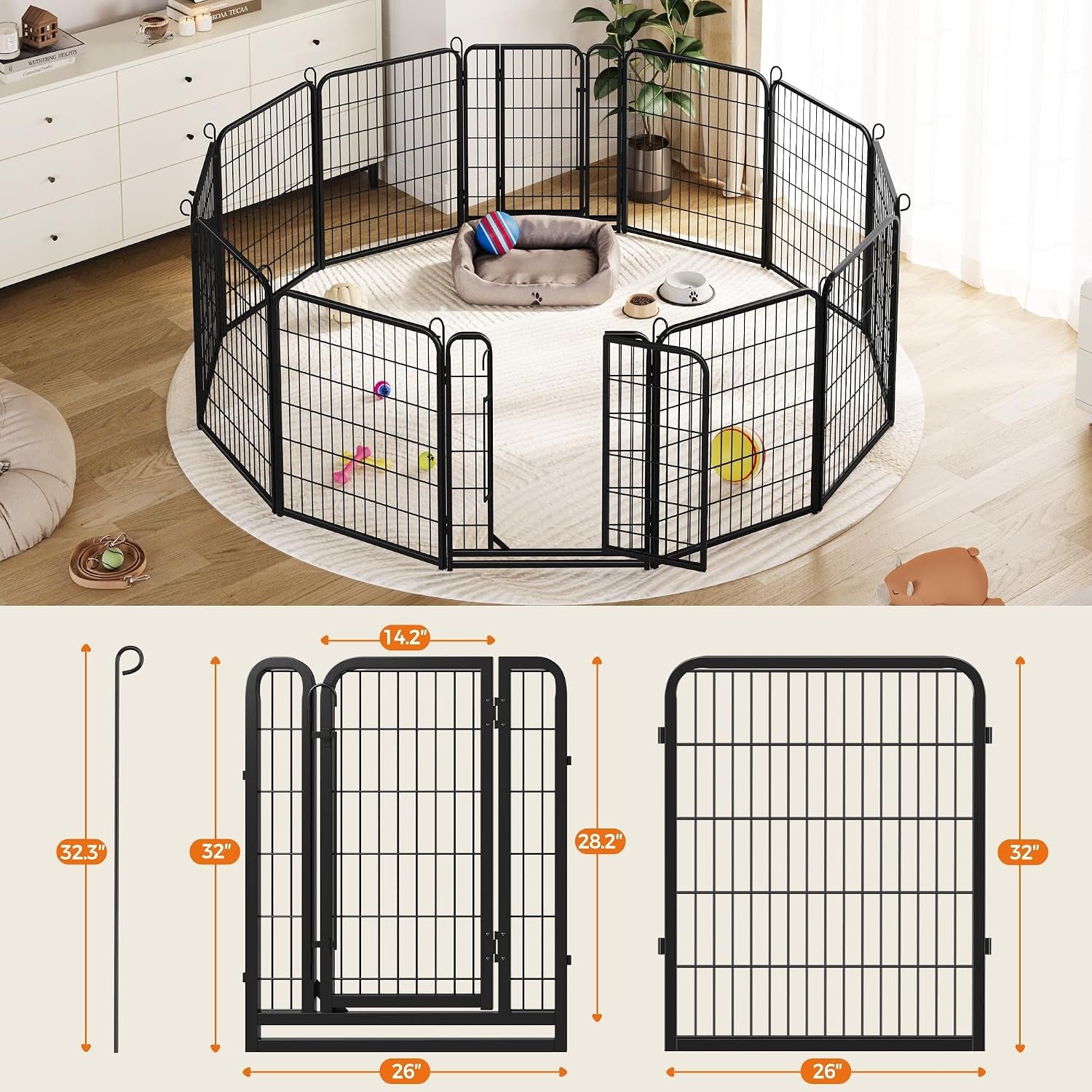 Yaheetech Dog Playpen 32In 16 Panels Pet Fence for Indoor Yard RV Camping | Easy Setup, Heavy Duty Rustproof Frame with Secure Latch Door, DIY Layouts,Foldable Storage, for Small & Medium Dogs