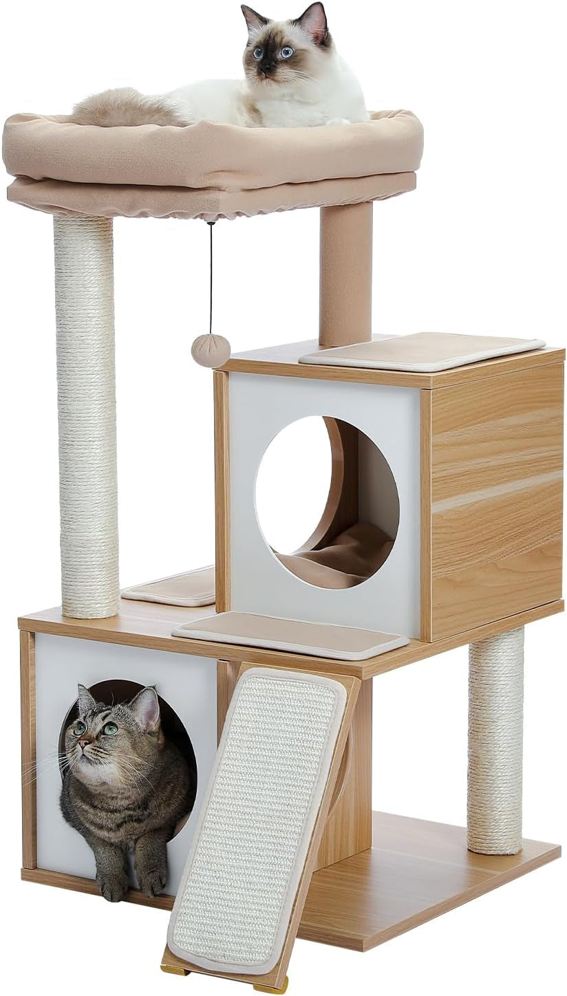 35" Modern Cat Tower Dual Condos, Wooden Cat Tree Large Cats | Modern Cat Tree with Sleek Wood, Large Scratcher Ramp and Sisal Posts for Indoor Cats,Heavy Duty Base for Large Cats