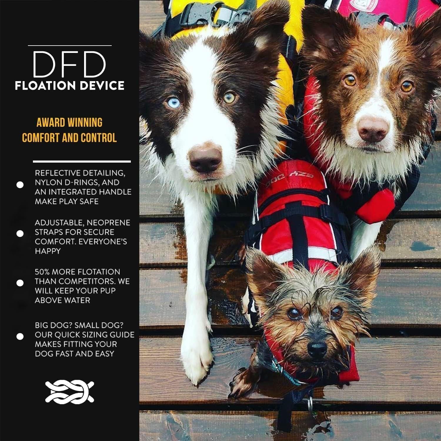 DFD Dog Life Jacket, Dog Life Vest for Swimming - X-Small, Red | Adjustable Dog Swim Vest, Padded Neoprene Straps, Grab Handle, 50% More Flotation Material, Reflective Trim, Stays Upright