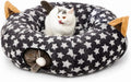 Large Cat Tunnel Bed under Christmas Tree with Fluffy Toy Balls, Small Cushion and Flexible Design- 10 Inch Diameter, 3 Ft Length- Great for Cats, and Small Dogs, Gray Star Pattern