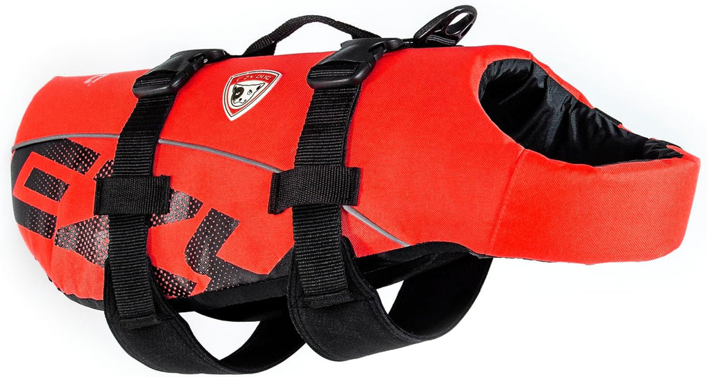 DFD Dog Life Jacket, Dog Life Vest for Swimming - X-Small, Red | Adjustable Dog Swim Vest, Padded Neoprene Straps, Grab Handle, 50% More Flotation Material, Reflective Trim, Stays Upright